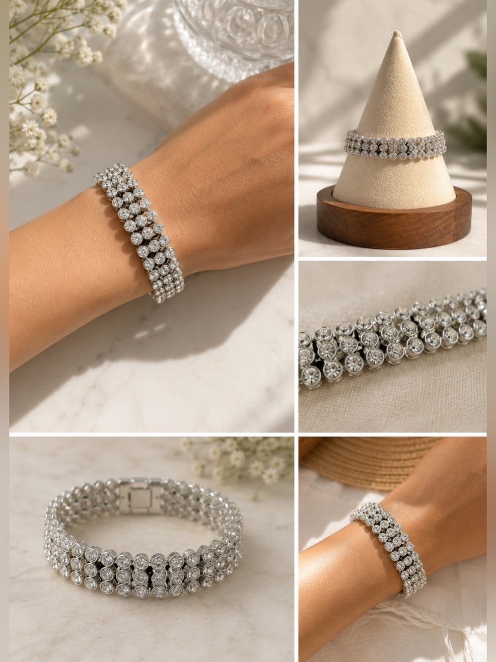 Silver Crystal Triple-Row Bracelet - Women Jewelry